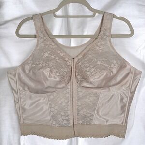 Exquisite Form Support Bra Woman 44D Front Close Satin Lace Full Coverage Beige